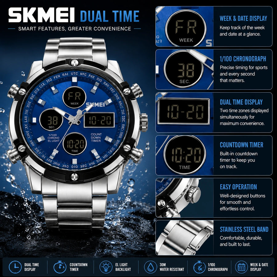 SKMEI 2119 Azure — Dual Display Chronograph | Silver Steel