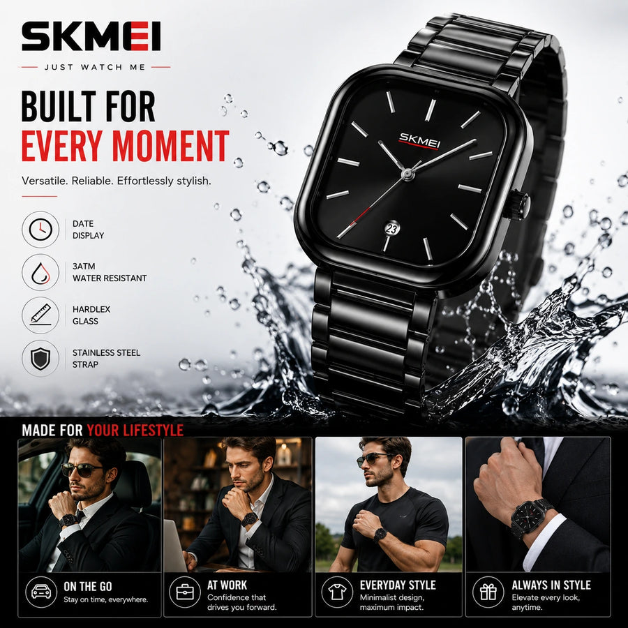 SKMEI 2318 Noir — Minimalist Square Watch | Black Steel