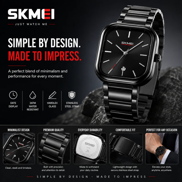 SKMEI 2318 Noir — Minimalist Square Watch | Black Steel