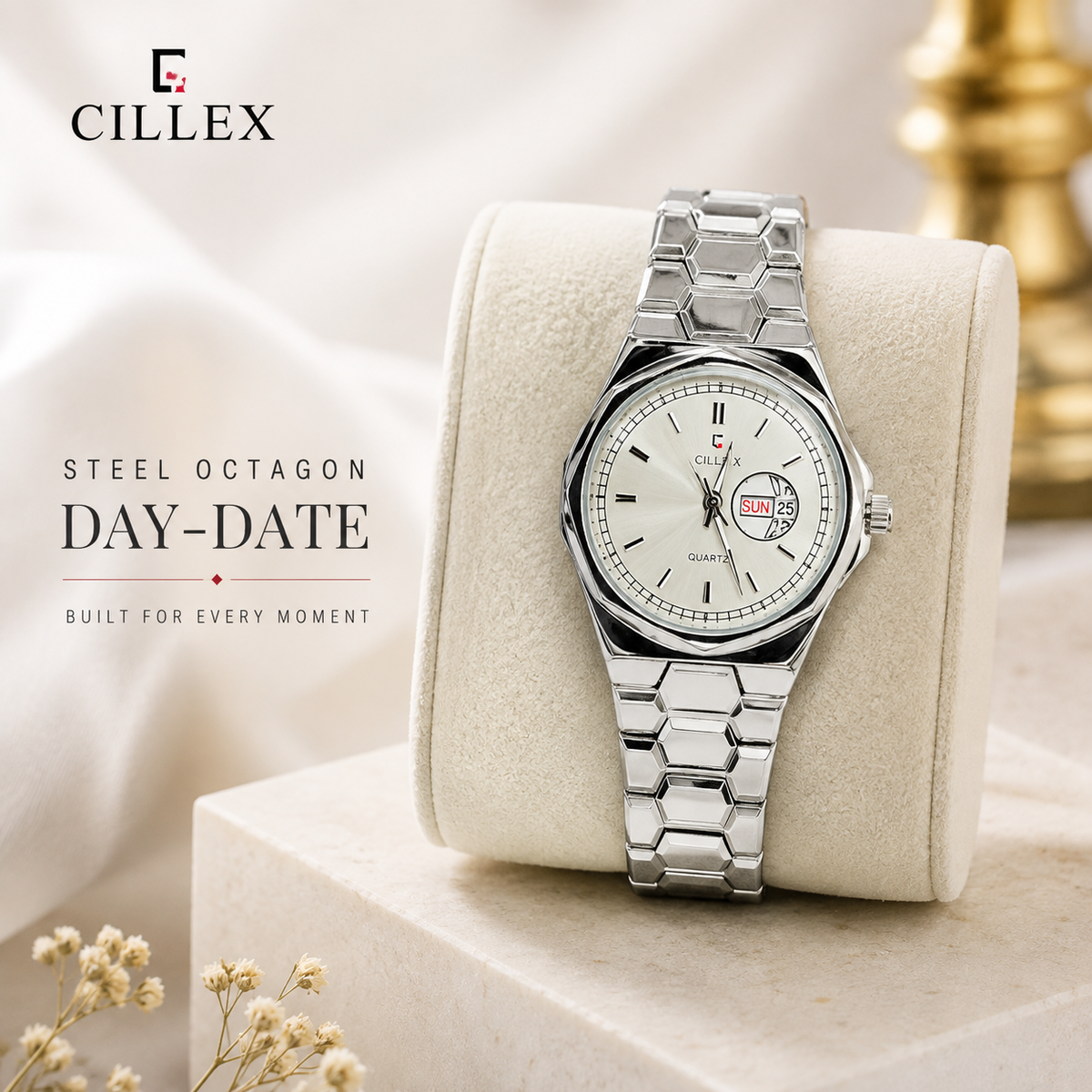 CILLEX Steel Octagon Day-Date Watch — Silver Case