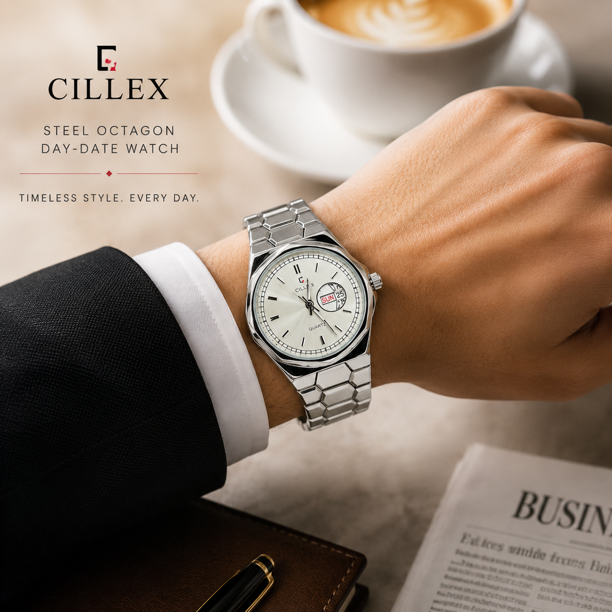 CILLEX Steel Octagon Day-Date Watch — Silver Case