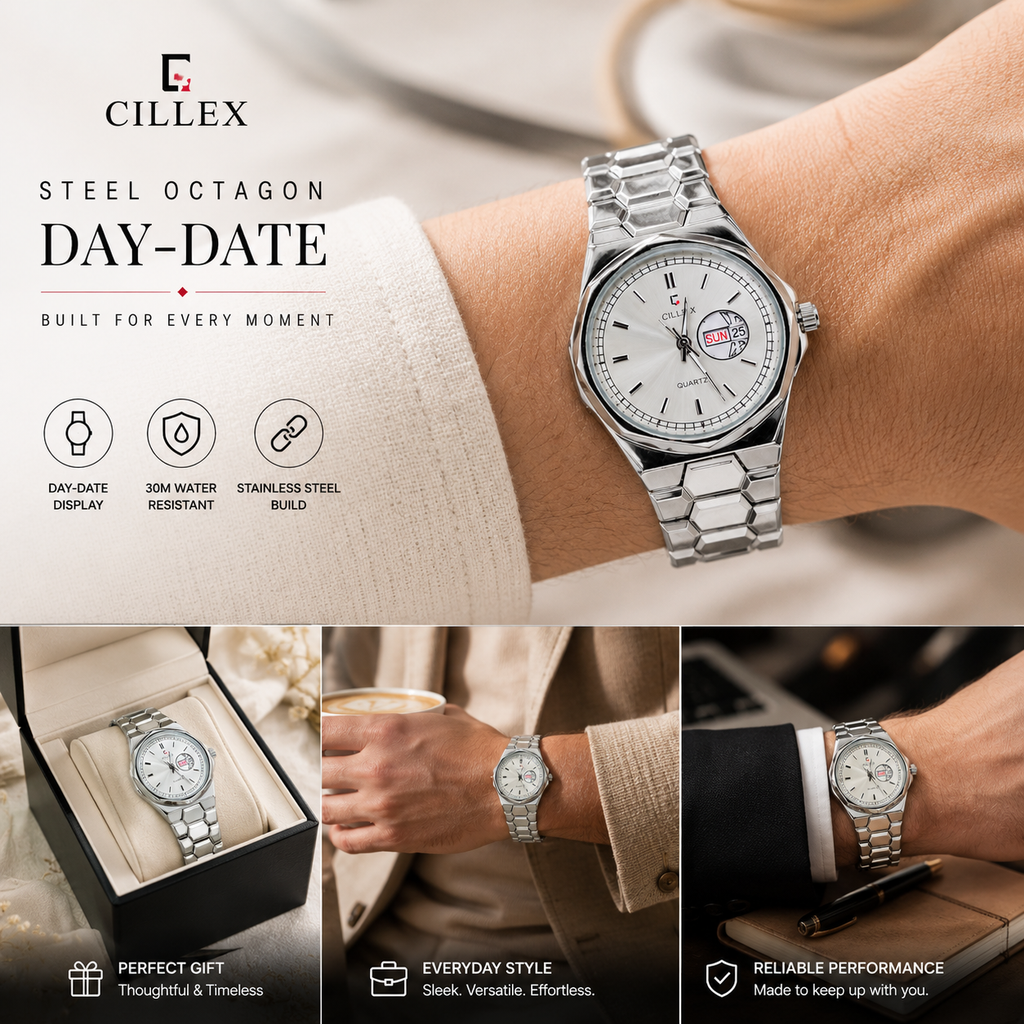 CILLEX Steel Octagon Day-Date Watch — Silver Case
