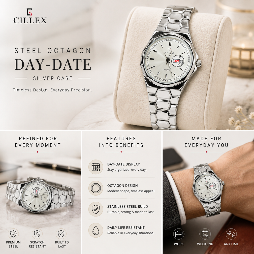 CILLEX Steel Octagon Day-Date Watch — Silver Case