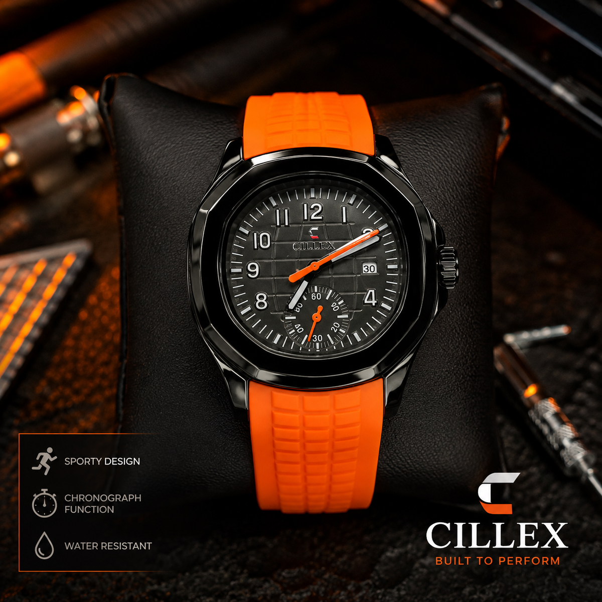 CILLEX Sport Chronograph Watch — Orange Strap