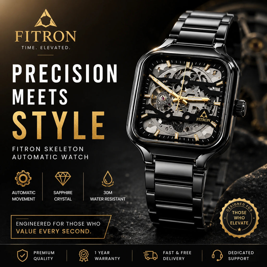 FITRON Apex — Skeleton Automatic Watch | Black & Gold