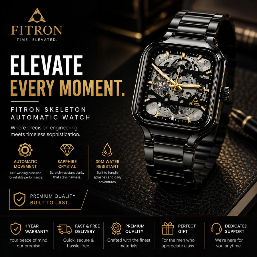 FITRON Apex — Skeleton Automatic Watch | Black & Gold