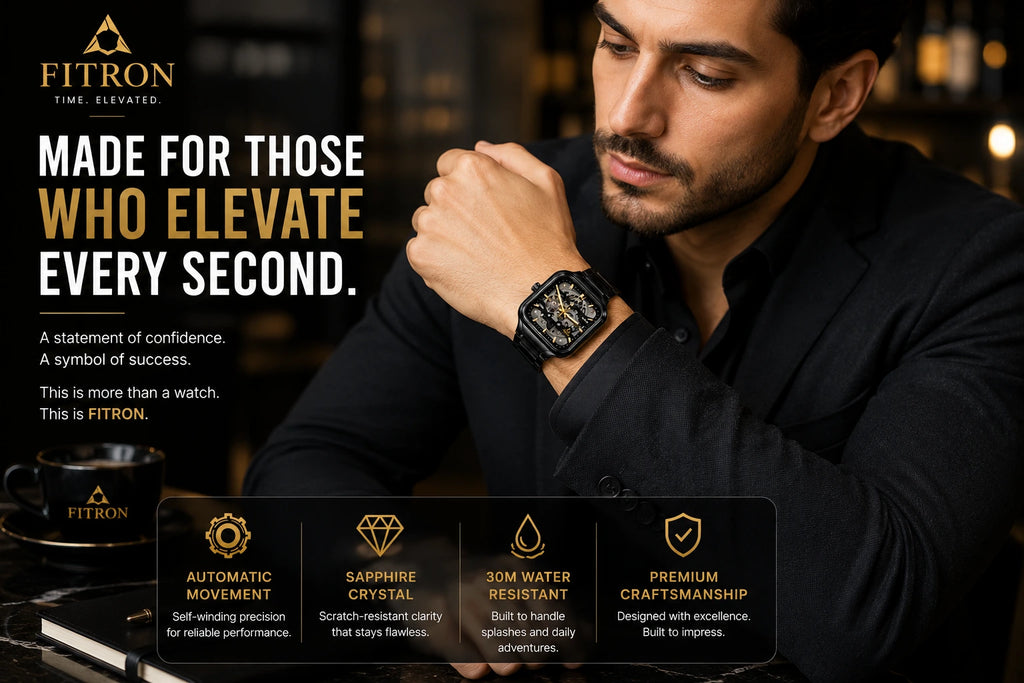 FITRON Apex — Skeleton Automatic Watch | Black & Gold