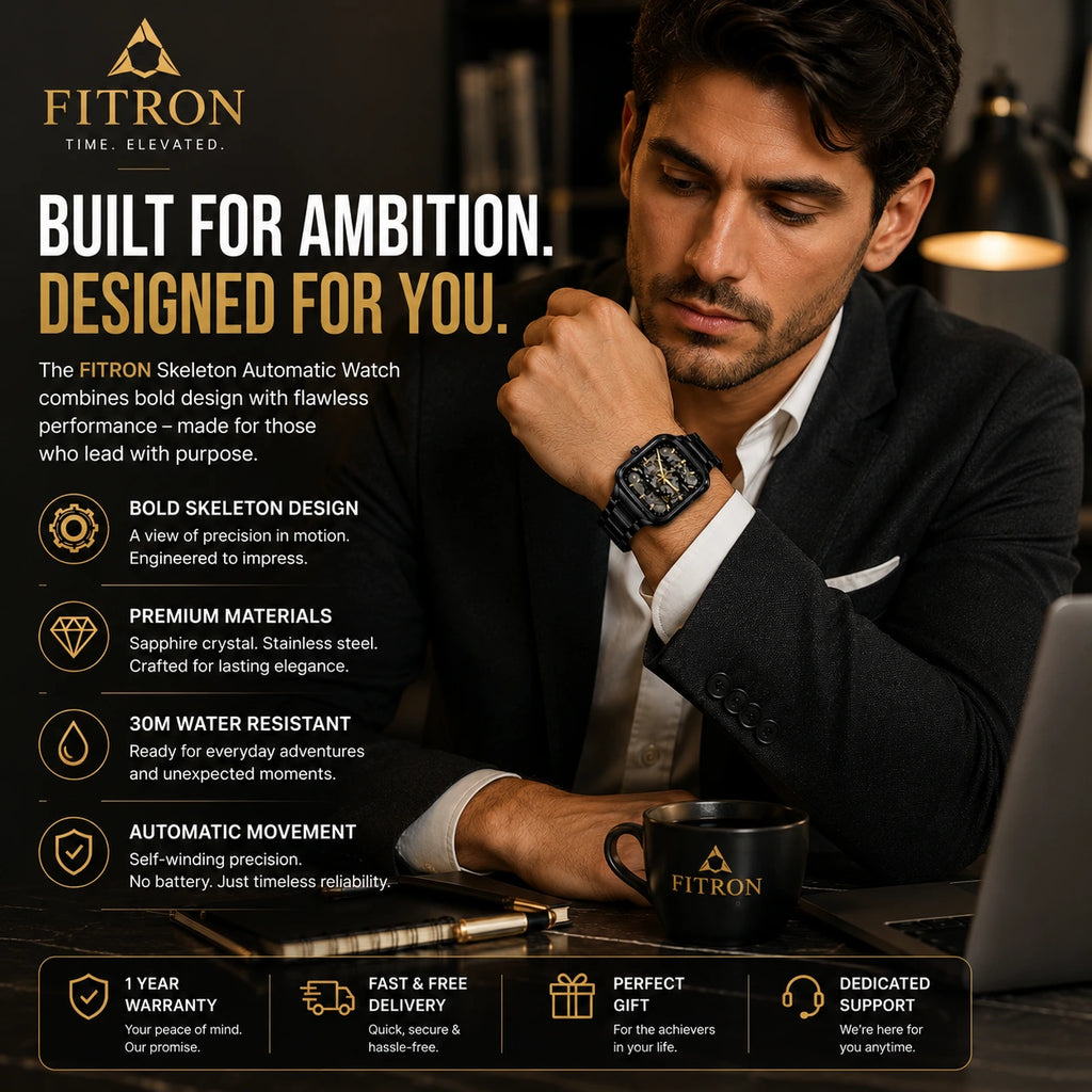 FITRON Apex — Skeleton Automatic Watch | Black & Gold