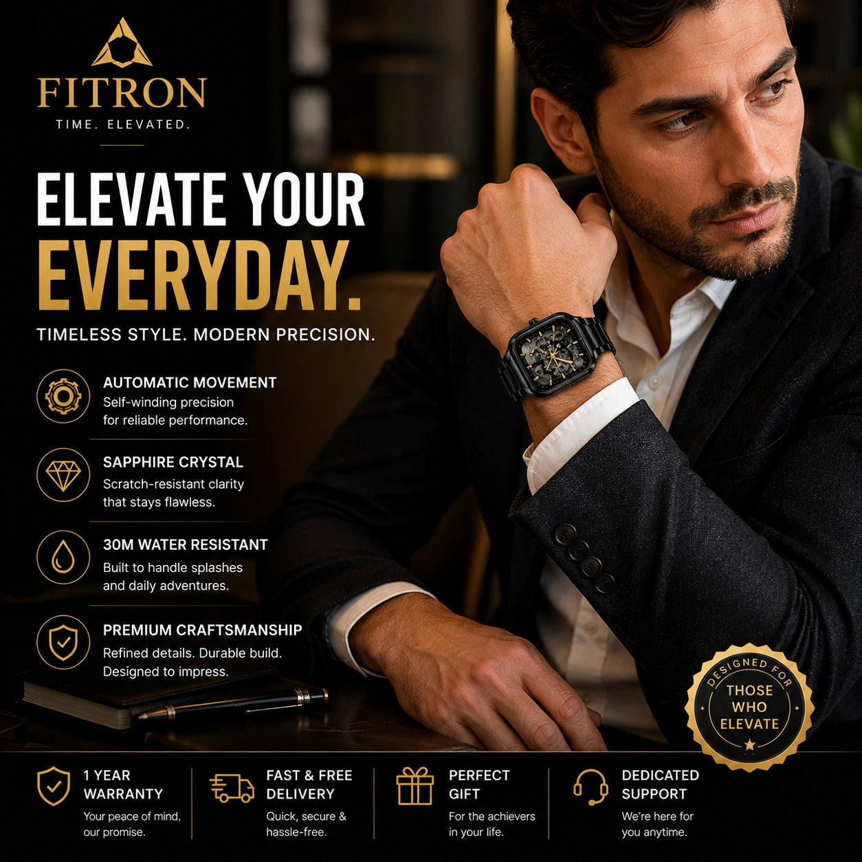 FITRON Apex — Skeleton Automatic Watch | Black & Gold