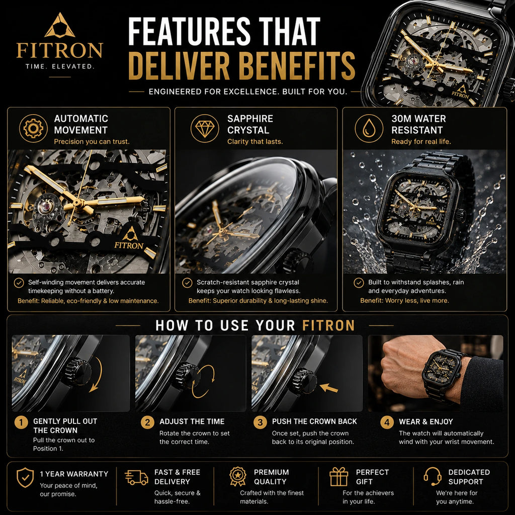 FITRON Apex — Skeleton Automatic Watch | Black & Gold