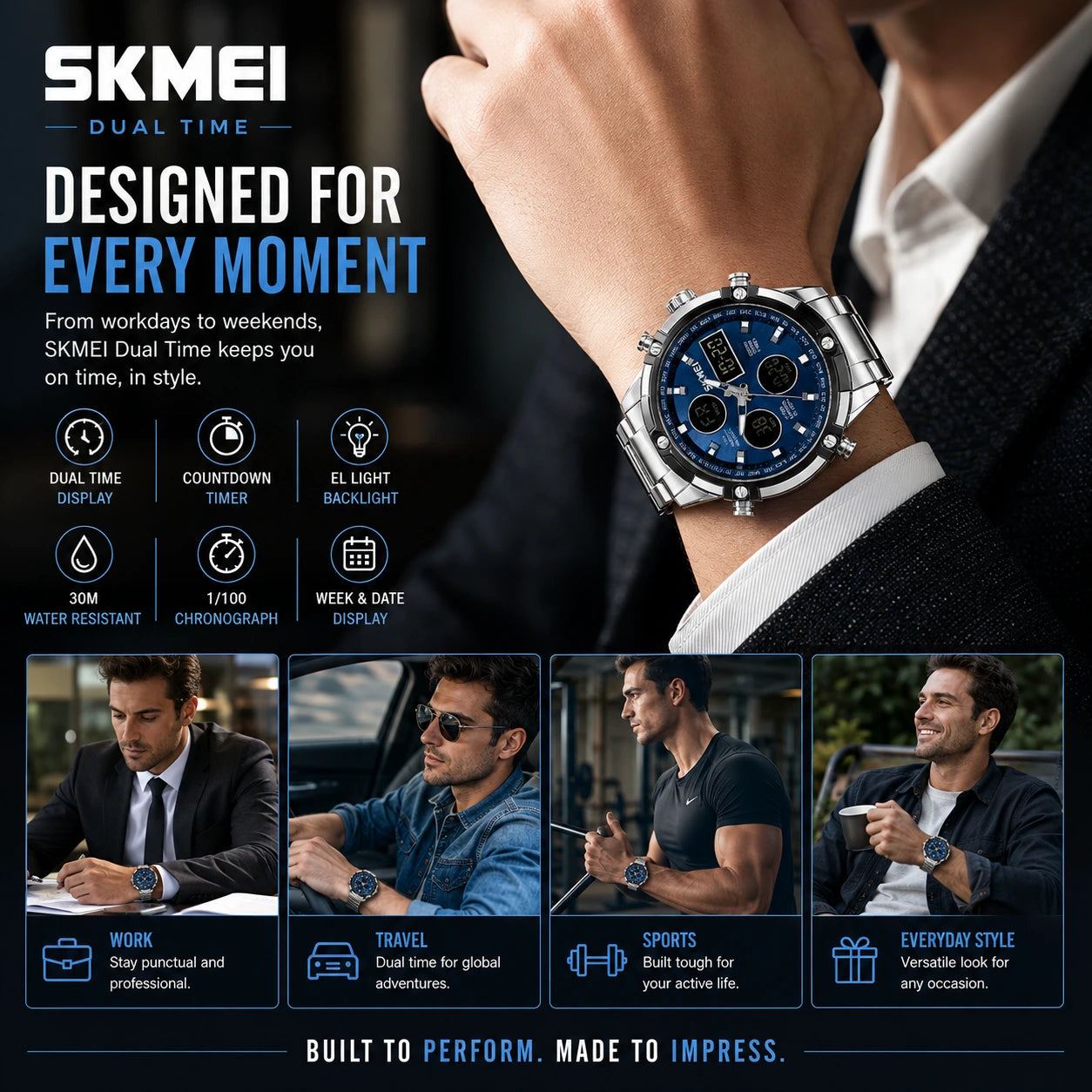 SKMEI 2119 Azure — Dual Display Chronograph | Silver Steel