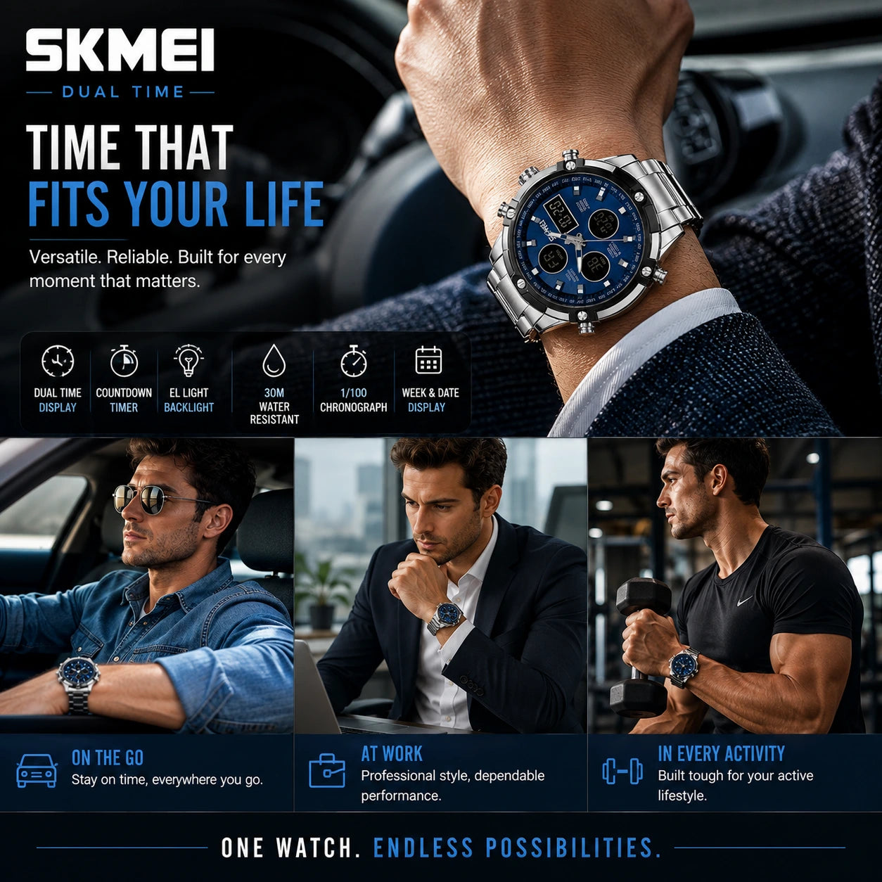 SKMEI 2119 Azure — Dual Display Chronograph | Silver Steel
