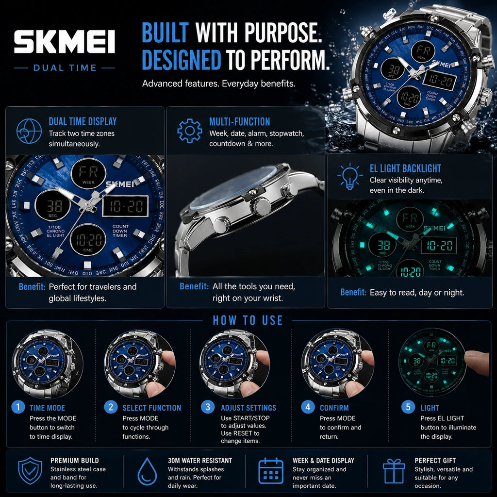 SKMEI 2119 Azure — Dual Display Chronograph | Silver Steel