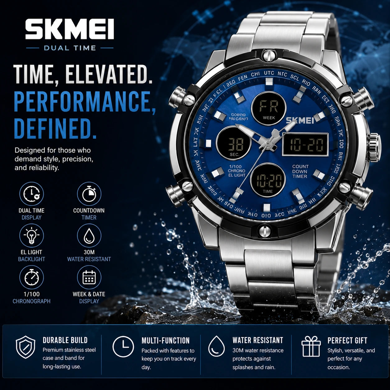 SKMEI 2119 Azure — Dual Display Chronograph | Silver Steel