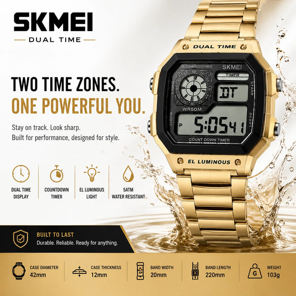 SKMEI Heritage — Retro Digital Watch | Gold Steel
