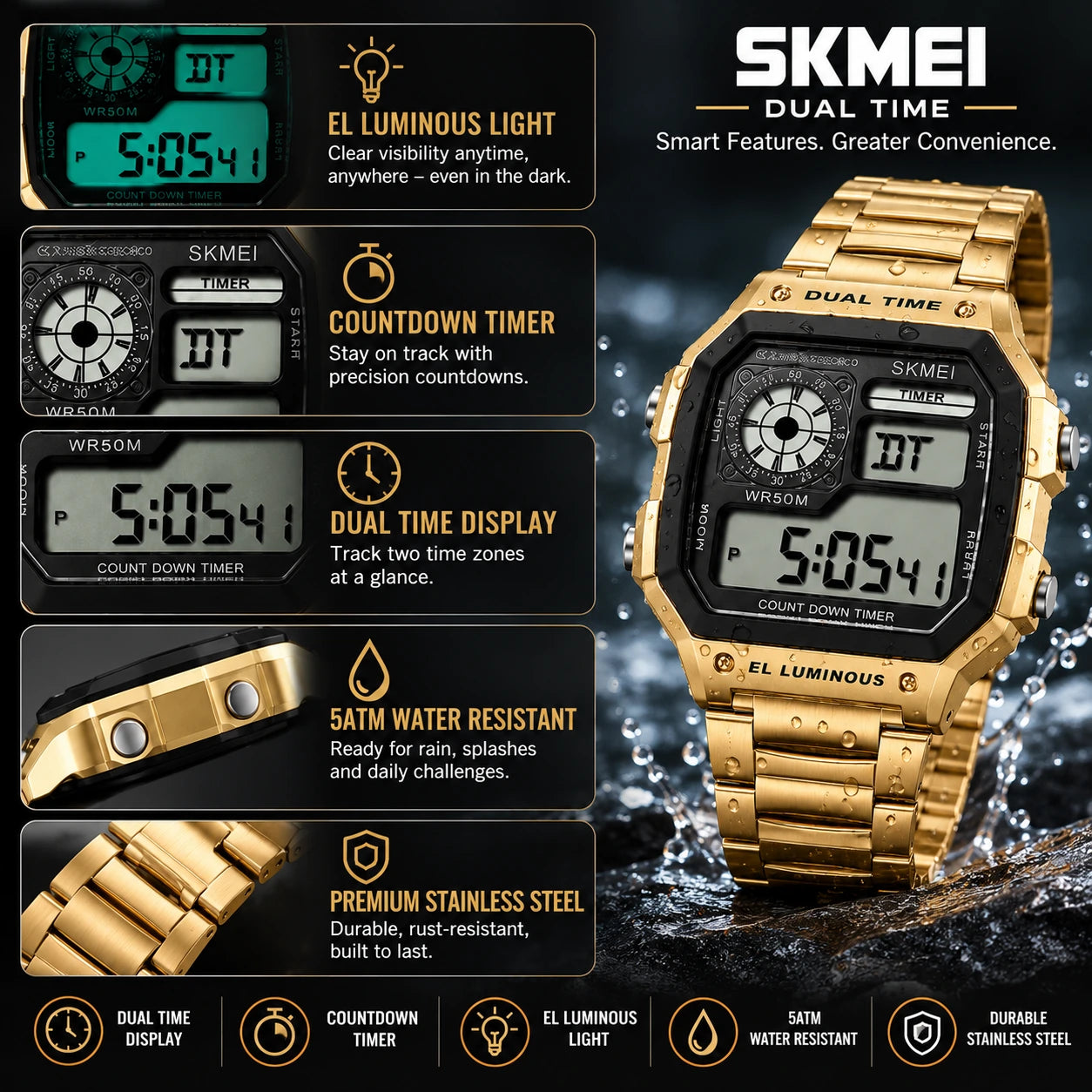 SKMEI Heritage — Retro Digital Watch | Gold Steel