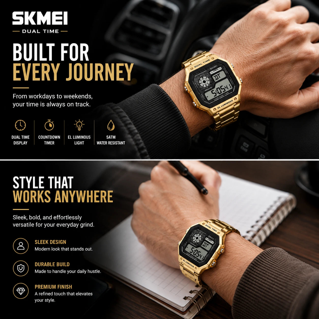 SKMEI Heritage — Retro Digital Watch | Gold Steel