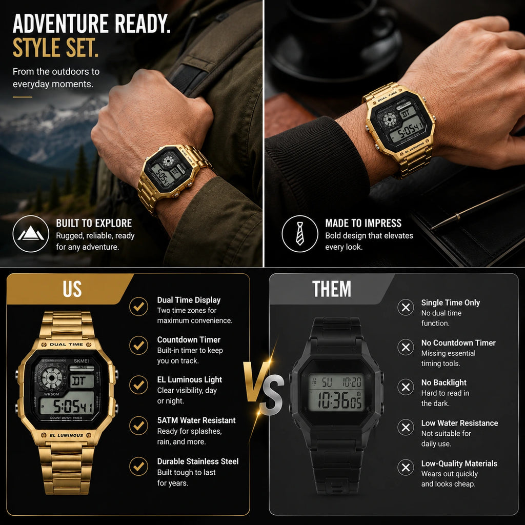 SKMEI Heritage — Retro Digital Watch | Gold Steel