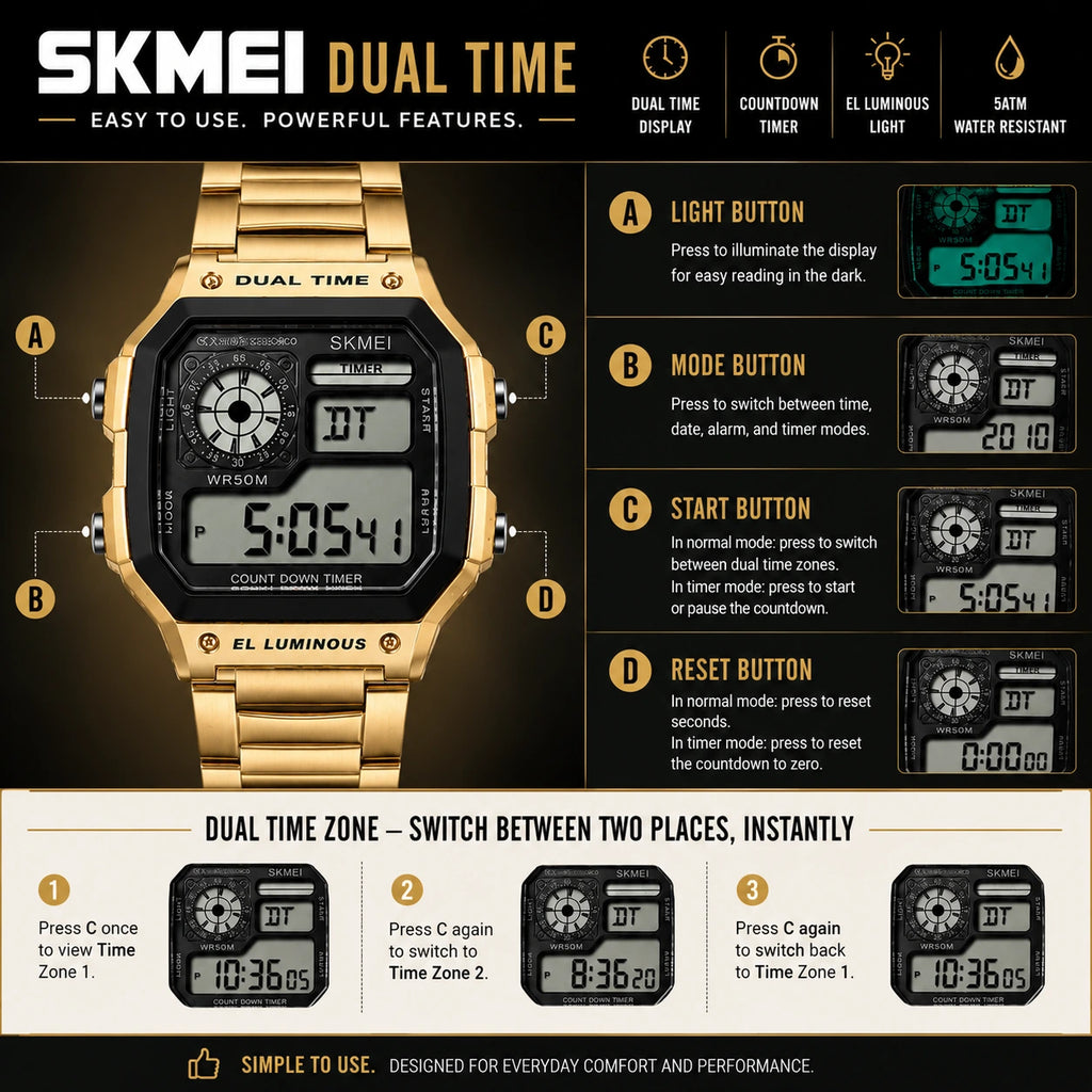 SKMEI Heritage — Retro Digital Watch | Gold Steel