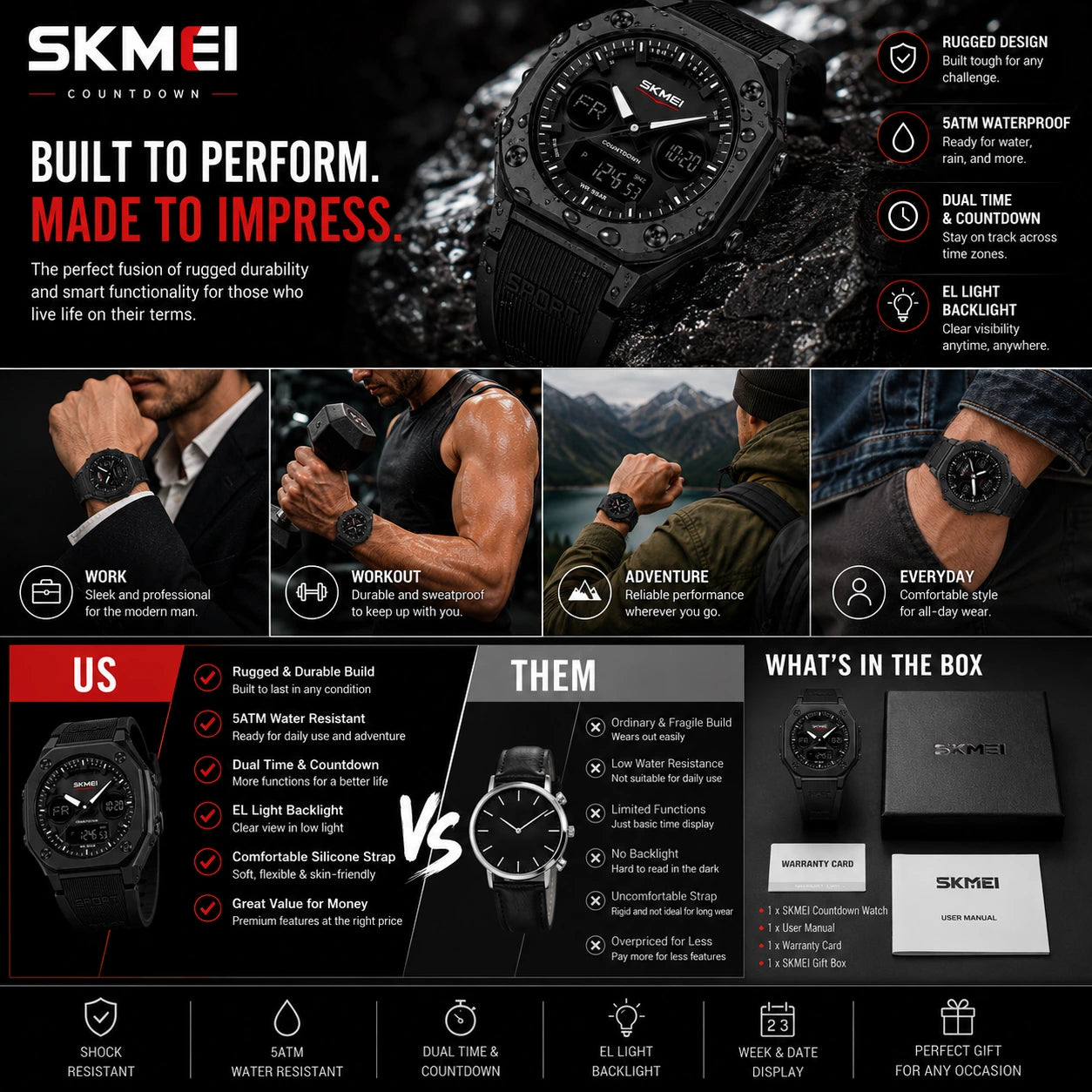 SKMEI 2312 Stealth — Sport Tactical Watch | Matte Black