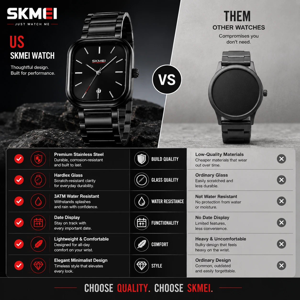 SKMEI 2318 Noir — Minimalist Square Watch | Black Steel