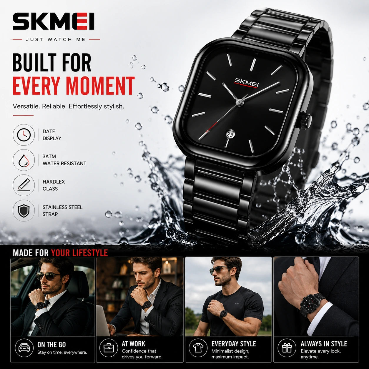 SKMEI 2318 Noir — Minimalist Square Watch | Black Steel