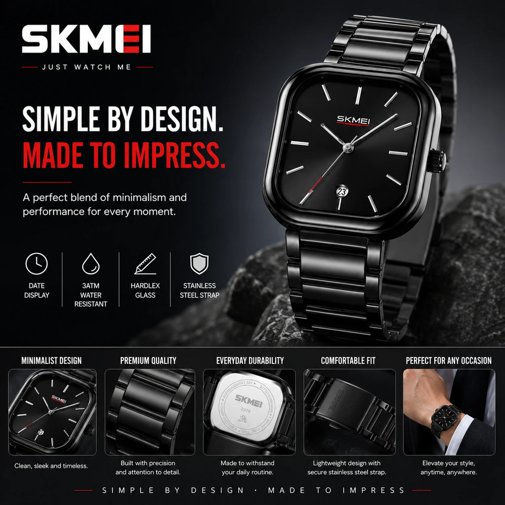 SKMEI 2318 Noir — Minimalist Square Watch | Black Steel