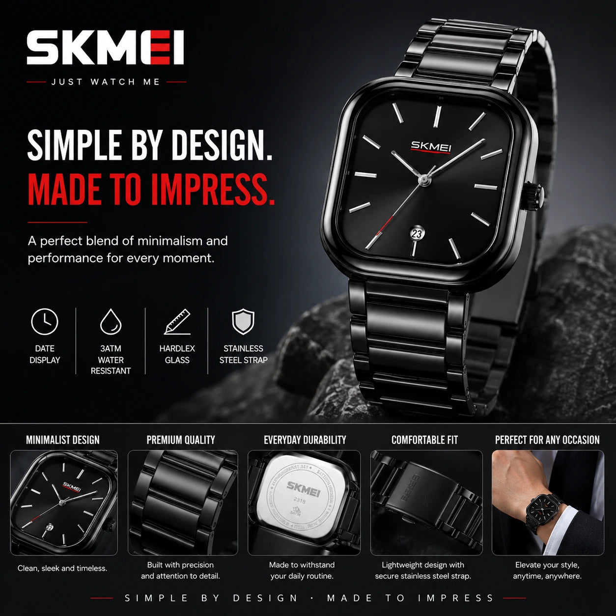 SKMEI 2318 Noir — Minimalist Square Watch | Black Steel