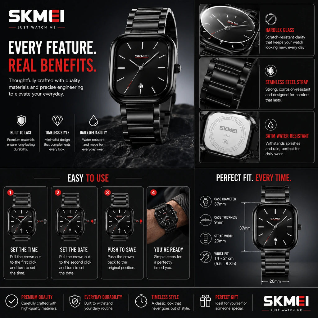 SKMEI 2318 Noir — Minimalist Square Watch | Black Steel