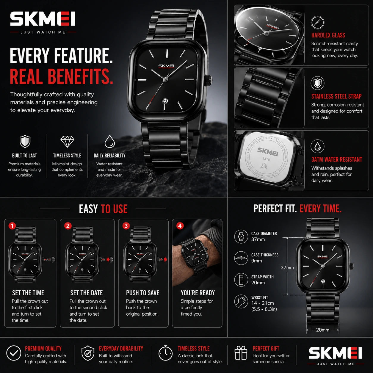 SKMEI 2318 Noir — Minimalist Square Watch | Black Steel