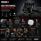 SKMEI 2318 Noir — Minimalist Square Watch | Black Steel