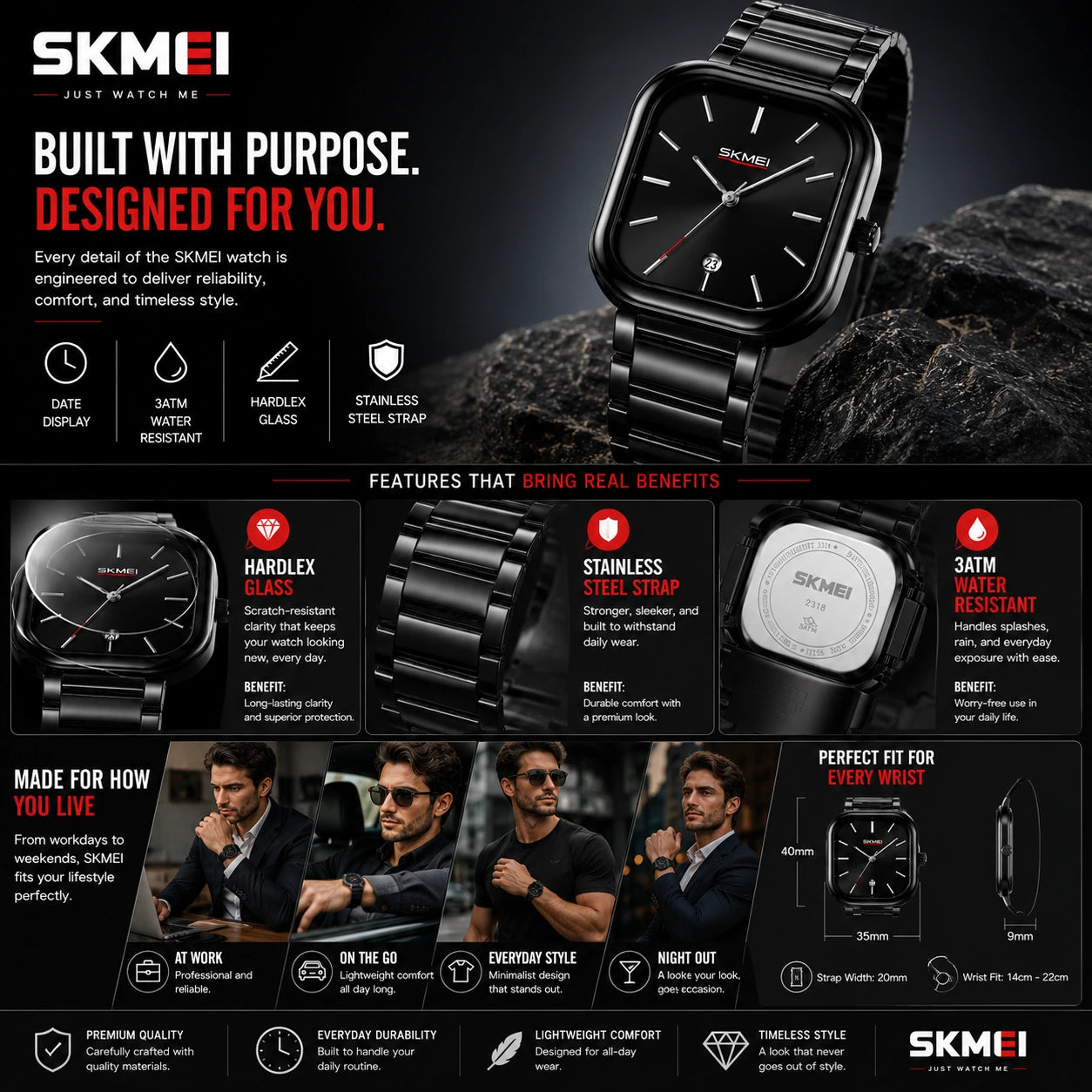 SKMEI 2318 Noir — Minimalist Square Watch | Black Steel