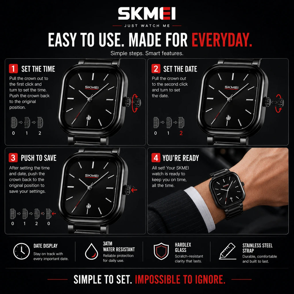 SKMEI 2318 Noir — Minimalist Square Watch | Black Steel