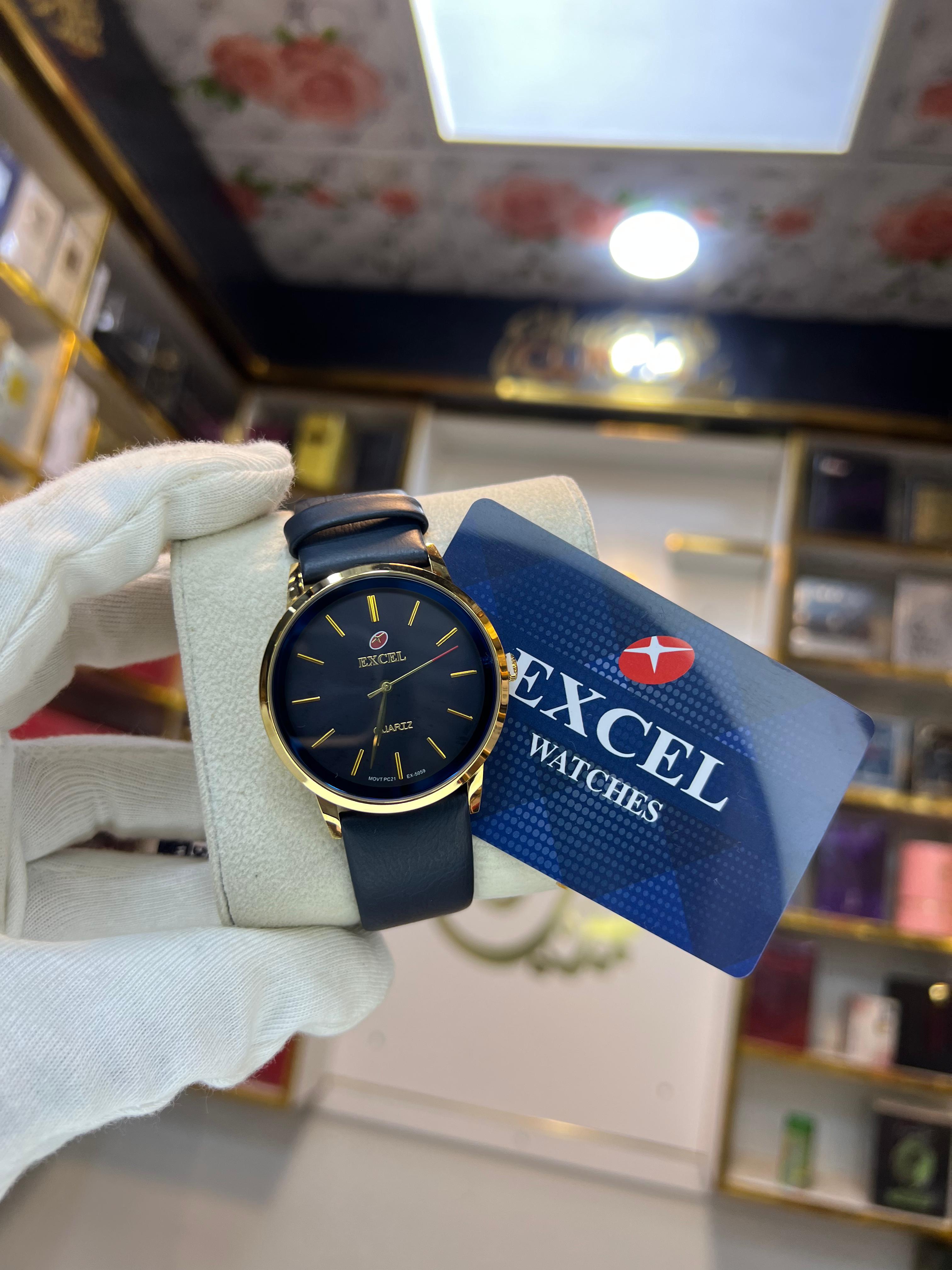 EXCEL Midnight Navy gold case leather watch