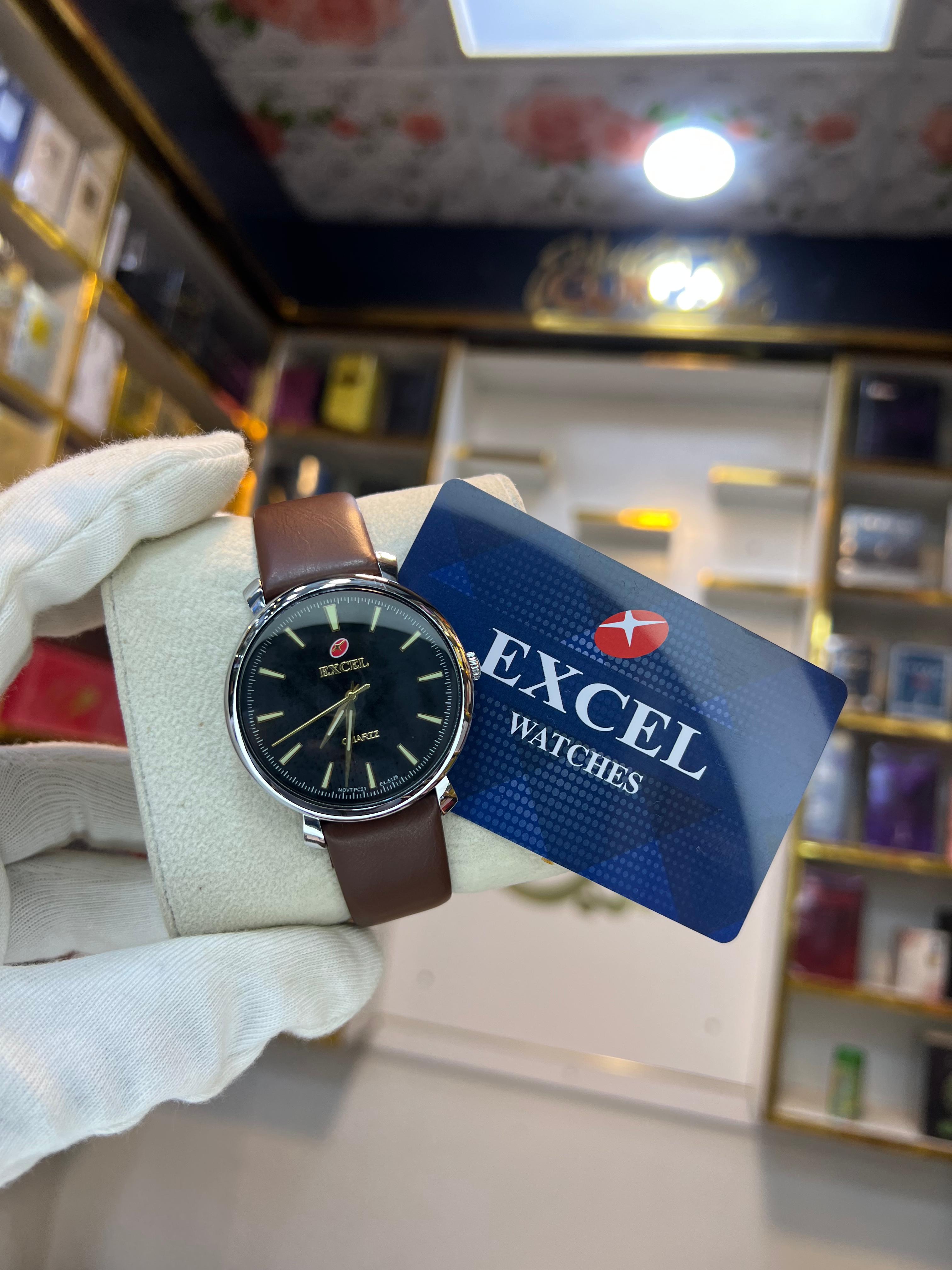 EXCEL Onyx Steel black dial leather watch