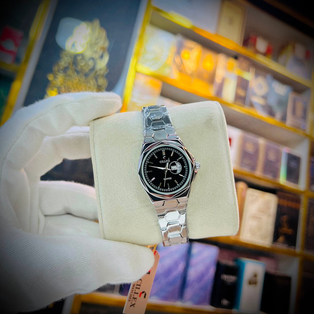 CILLEX Steel Octagon Day-Date Watch — Silver Case