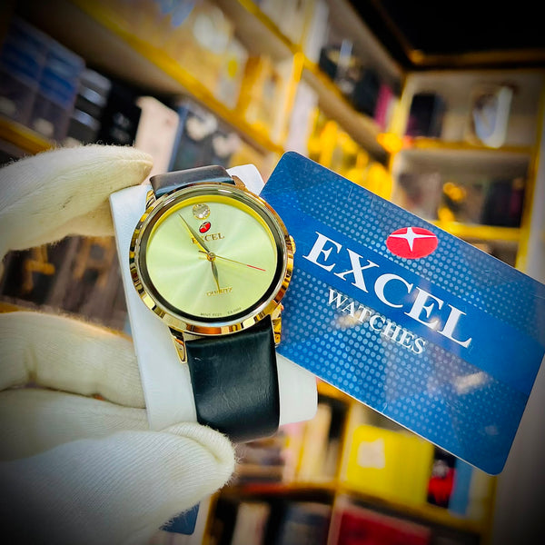 EXCEL Gold Dress Watch — Black Leather Strap