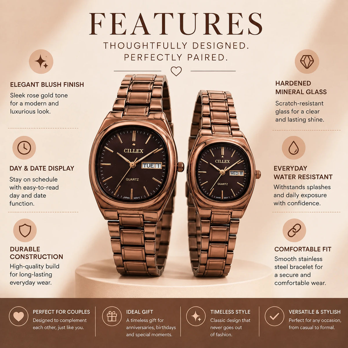 CILLEX CL-5033 Blush — Couple Watch Set | Pink Dial Steel