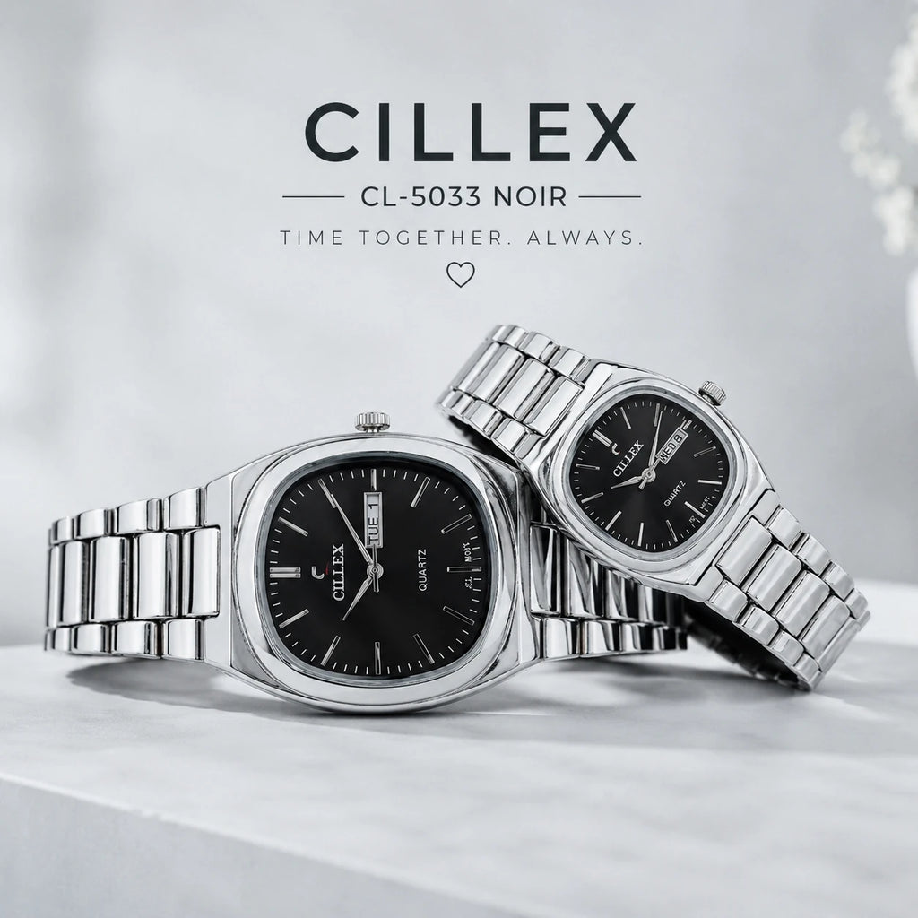 CILLEX CL-5033 Noir — Couple Watch Set | Black Dial Steel