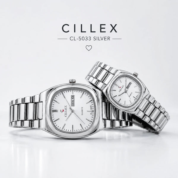 CILLEX CL-5033 Silver — Couple Watch Set | White Dial Steel