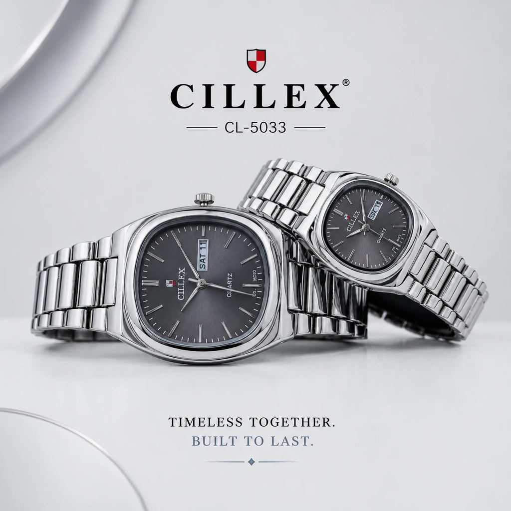 CILLEX CL-5033 Slate — Couple Watch Set | Grey Dial Steel
