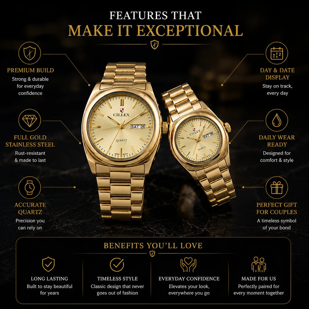 CILLEX CL-5033 Gold — Couple Watch Set | Full Gold