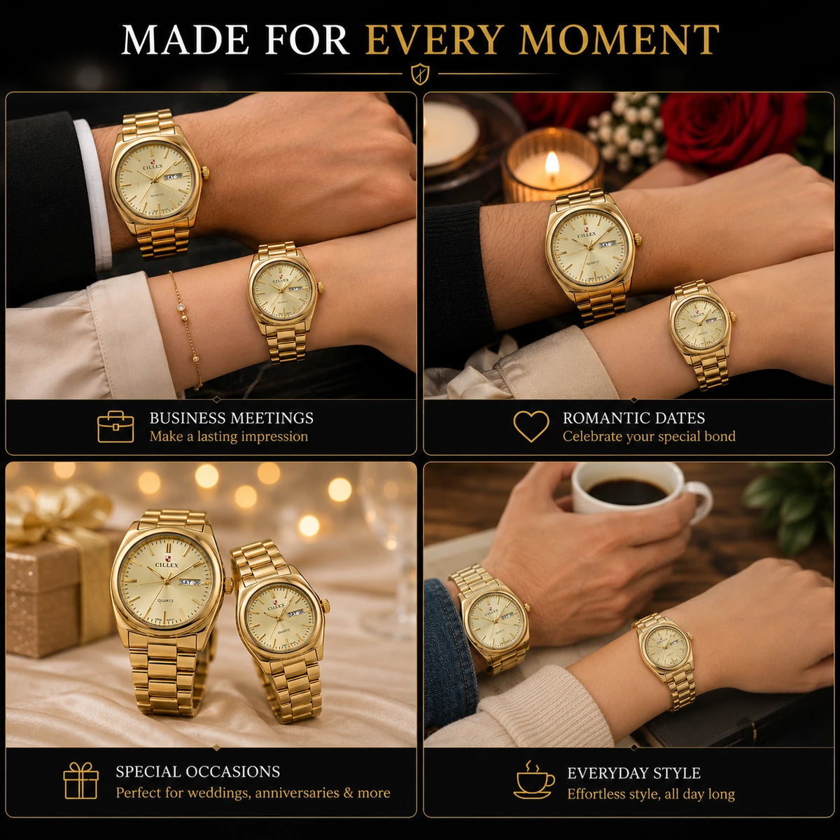 CILLEX CL-5033 Gold — Couple Watch Set | Full Gold