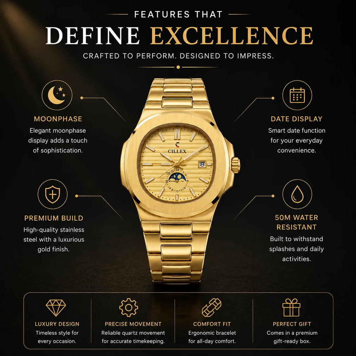 CILLEX Gold Octagon Porthole Sport — Moonphase Sport Watch | Gold Bracelet