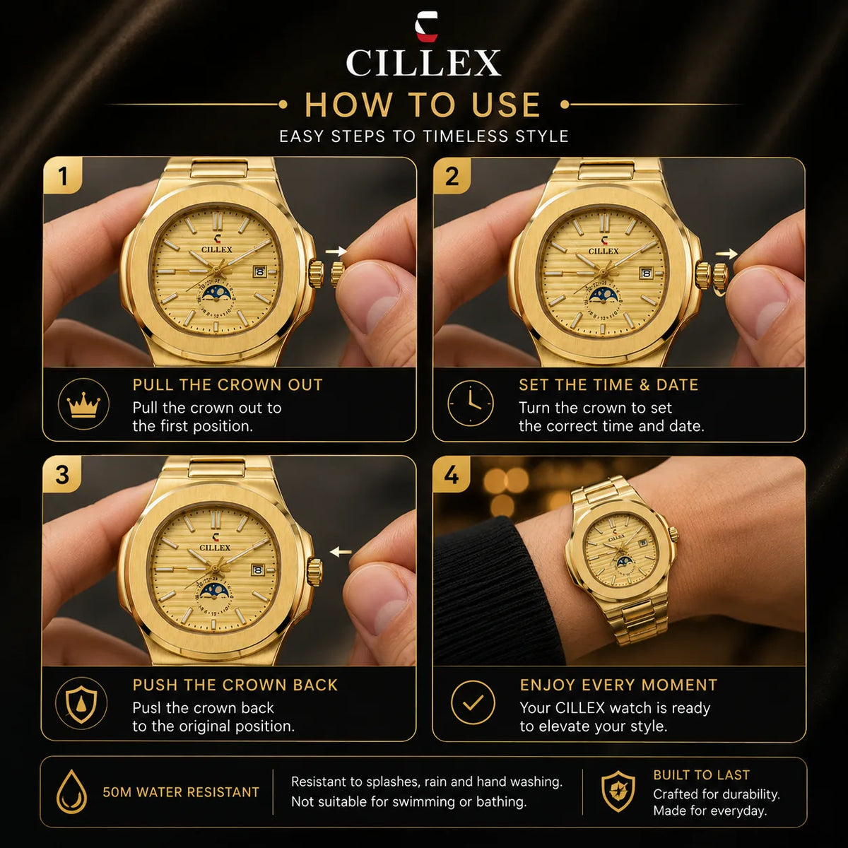 CILLEX Gold Octagon Porthole Sport — Moonphase Sport Watch | Gold Bracelet