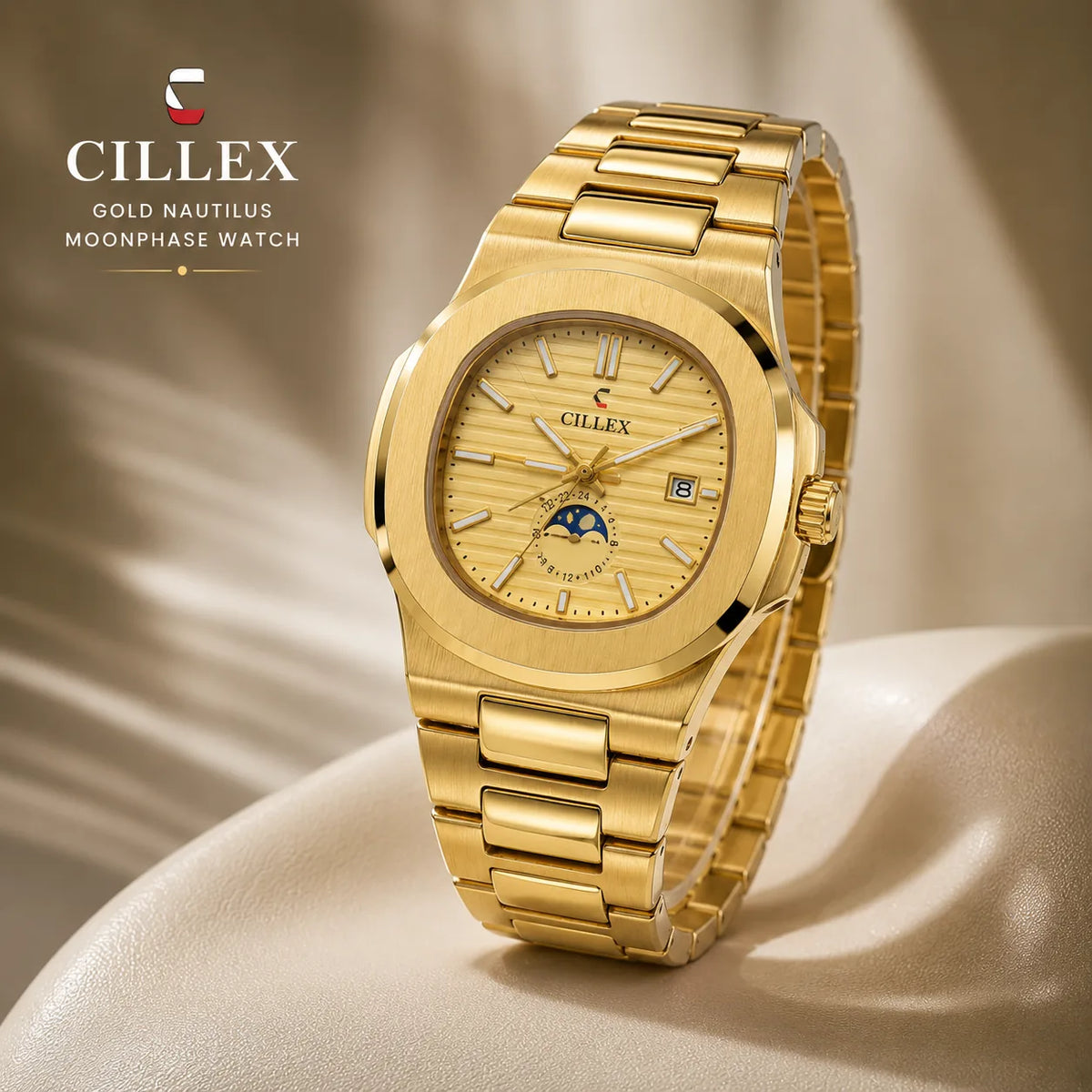 CILLEX Gold Octagon Porthole Sport — Moonphase Sport Watch | Gold Bracelet