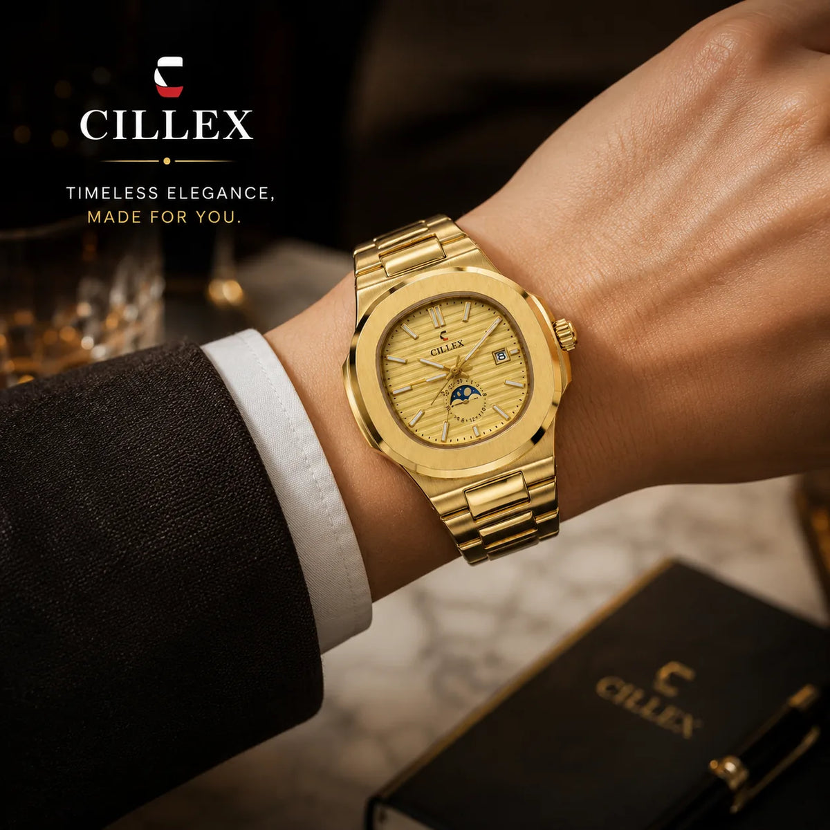CILLEX Gold Octagon Porthole Sport — Moonphase Sport Watch | Gold Bracelet