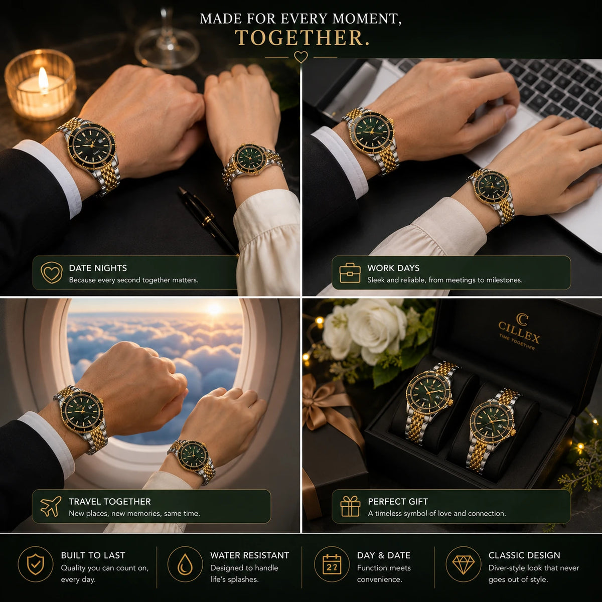 CILLEX Diver-Style Couple Watch Set — Two-Tone