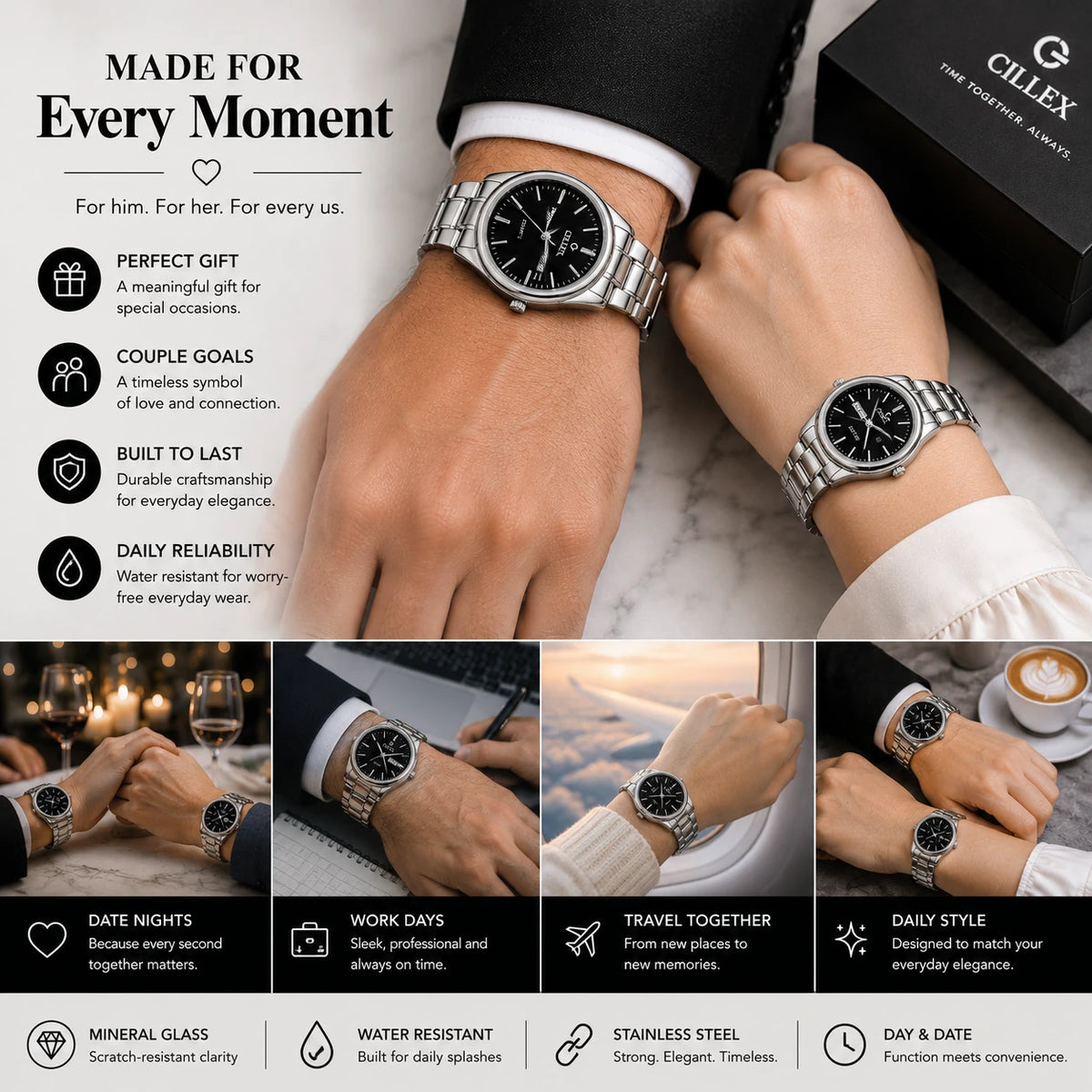 CILLEX CL-5033 Noir — Couple Watch Set | Black Dial Steel