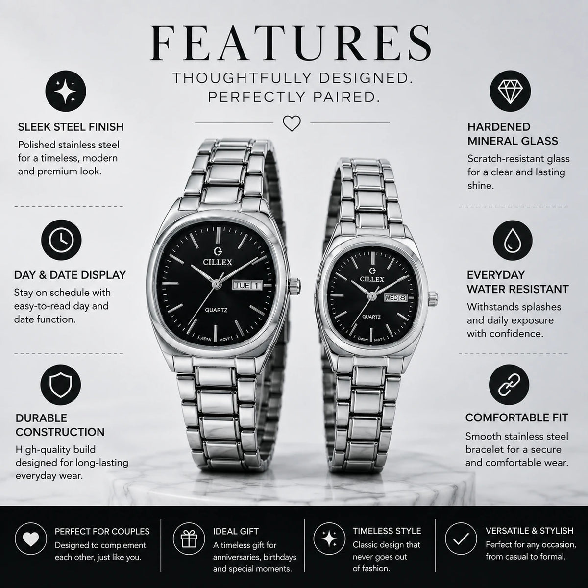 CILLEX CL-5033 Noir — Couple Watch Set | Black Dial Steel